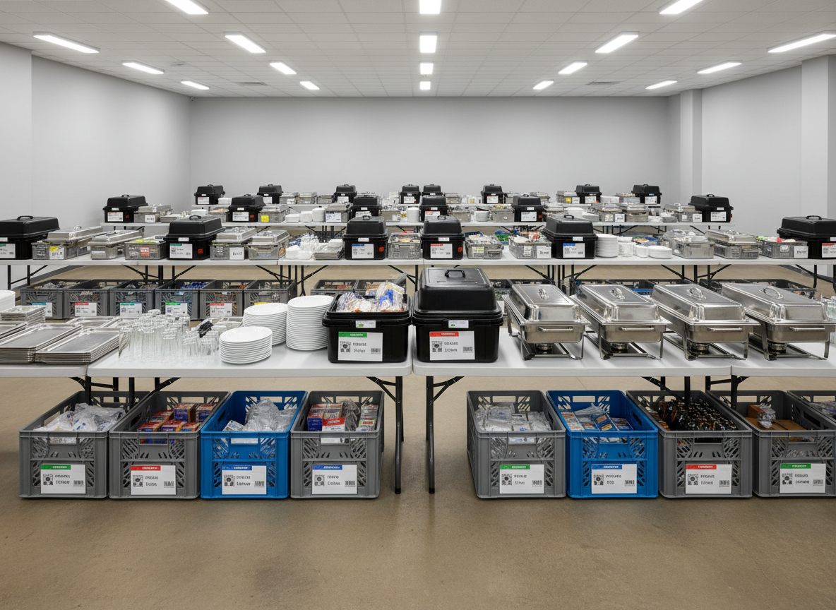 A catering company staging area in photographic realism, showing long folding tables covered with uniform crates and insulated boxes of ingredients, disposable tableware, and chafing dishes, all arranged in precise rows ready for transport. Color-coded stickers and barcodes are clearly visible on packaging, representing organized закупки and logistics for large events. Neutral industrial flooring and a simple wall backdrop keep attention on the supplies. Bright, even fluorescent lighting ensures every label and surface is clearly lit, creating soft, minimal shadows. The composition uses a central perspective, drawing the eye along the rows toward the back of the room. The mood is methodical and dependable, focusing on scale and structure rather than decoration, conveying the behind-the-scenes procurement power that supports professional catering operations in restaurants, hotels, and event venues.